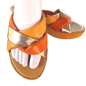 Mila Paoli Italian Leather Wedge Sandals Gold, Burnt & Light Orange NWOT